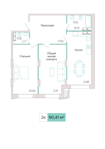 2-комнатная №Г-3-4, секция Г