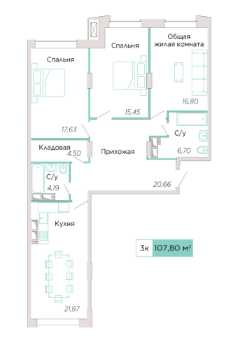 3-комнатная №Е-15-1, секция Е