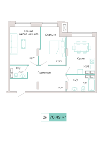 2-комнатная №Г-18-2, секция Г