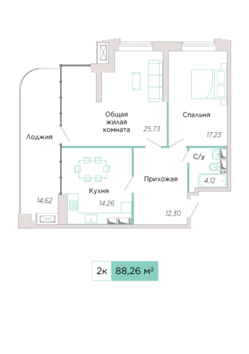 2-комнатная №А-19-4, секция А