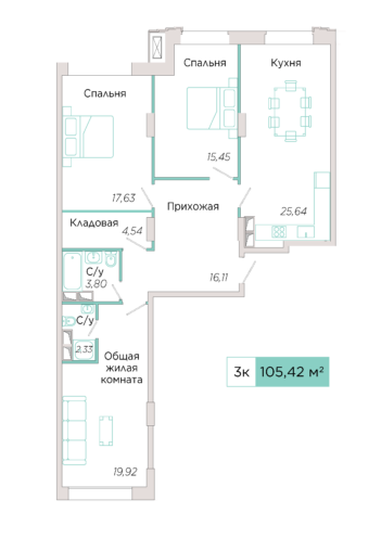 3-комнатная №Б-20-5, секция Б