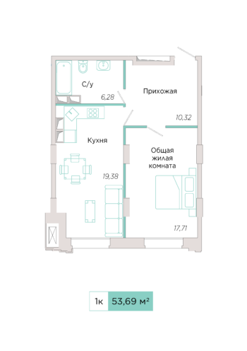 1-комнатная №Б-4-4, секция Б