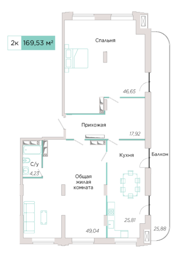 2-комнатная №А-23-1, секция А