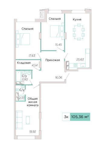 3-комнатная №В-4-5, секция В