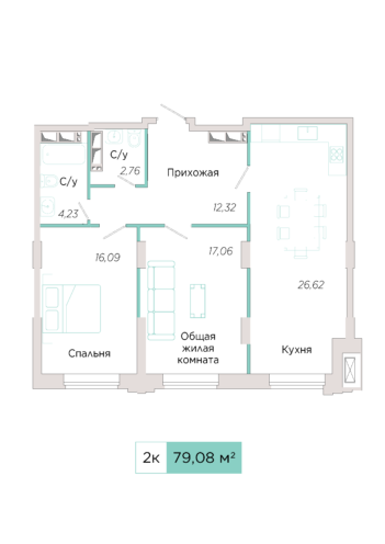 2-комнатная №А-3-2, секция А