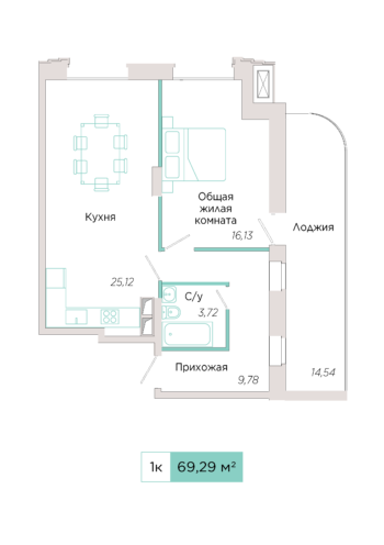 1-комнатная №Б-21-1, секция Б