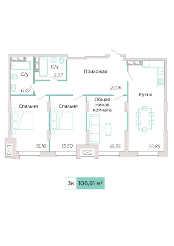 3-комнатная №Е-19-4, секция Е