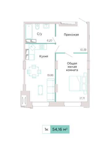 1-комнатная №В-18-4, секция В