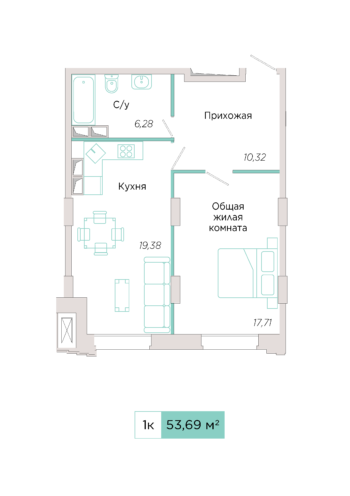 1-комнатная №Б-21-4, секция Б