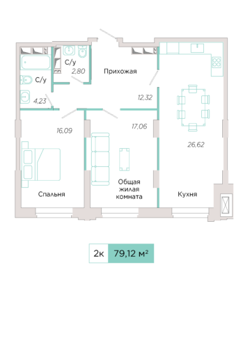 2-комнатная №А-19-2, секция А