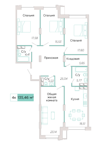 4-комнатная №Д-21-2, секция Д