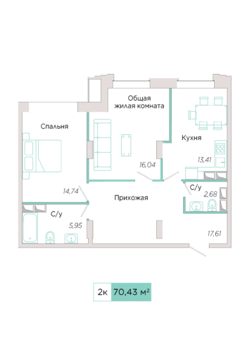 2-комнатная №Д-4-1, секция Д